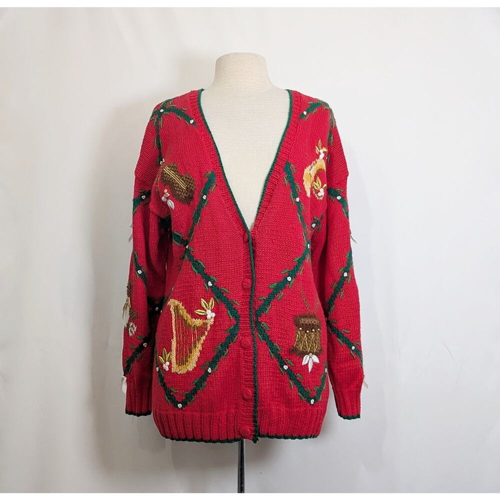 Vintage 90s Cardigan Sweater Red Christmas Theme Women's Size M Lauren Hansen